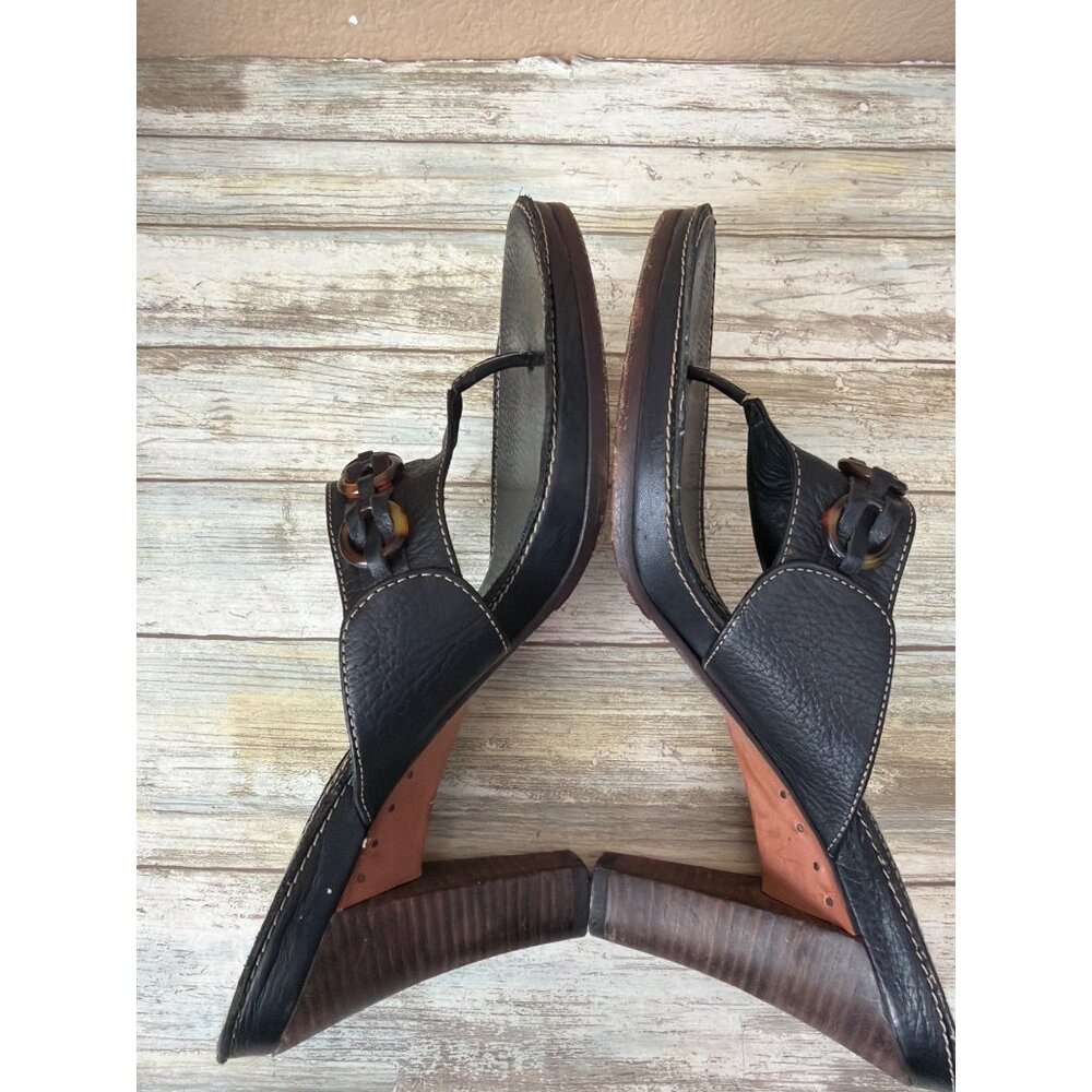 Frye Black Leather Thong Sandals Tortoise Chain Detail Women’s Sz 9 Pre-owned - Picture 8 of 14